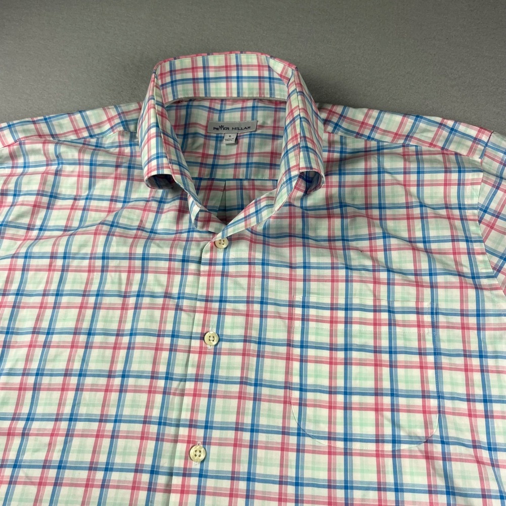 Peter Millar Mens Large Pink Blue Plaid Cotton Stretch Button Down Shirt L